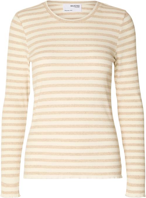 Selected Femme Slfanna LS Crew Neck TEE STR Noos Kvinde Oatmeal/w Snow White Stripes Langærmede T-shirts Regular Fit Str XL - hos Magasin