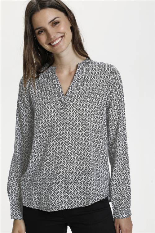 Kaffe Kafana Tilly Blouse Kvinde Black / Chalk Fan Print Langærmede Bluser Regular Fit Str 38 - hos Magasin