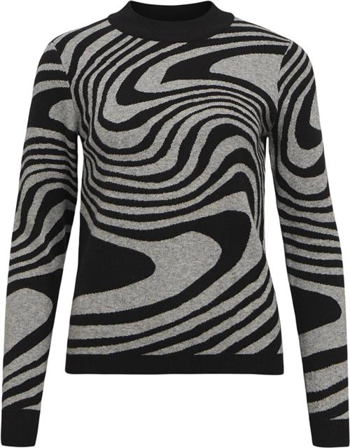 Object Objray L/S Knit Pullover AOP Noos Kvinde Black/medium Grey Melange Zebra Toppe Str S - hos Magasin