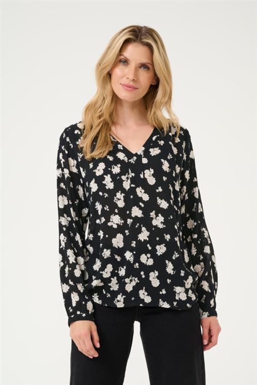 Se Kaffe Kaamber Blouse LS Printed Kvinde Black/white Flower Print Langærmede Bluser Str 40 - hos Magasin ved Magasin