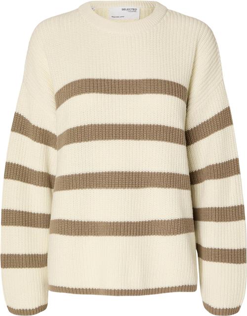 Selected Femme Slfbloomie LS Knit Oneck Noos Kvinde Snow White/greige Sweaters Str XL - hos Magasin