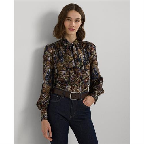 Lauren Ralph Lauren Paisley Satin Charmeuse Tieneck Blouse Kvinde Navy Langærmede Skjorter Str M - Polyester hos Magasin