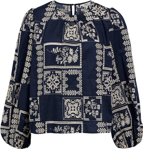 Object Objdicte LO L/S TOP CC1 AW Kvinde Sky Captain/white Sand Embroidery Toppe Str 40 - hos Magasin