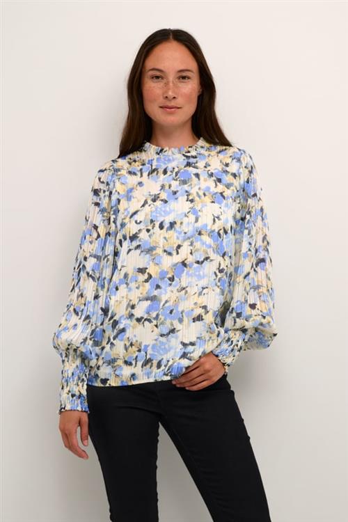 Kaffe Kaeva Shirt Kvinde Blue/yellow Painted Flower Langærmede Bluser Str 44 - hos Magasin