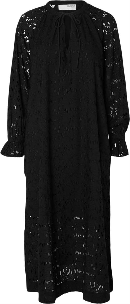 Selected Femme Slfsonora LS Ankle Broderi Dress EX Kvinde Sort Midi Kjoler Regular Fit Str 38 - Bomuld hos Magasin