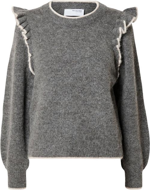 Se Selected Femme Slfalva Frills LS Knit Oneck Kvinde Grå Sweaters Str XS - hos Magasin ved Magasin