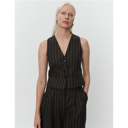 DAY Birger et Mikkelsen Frida Casual Linen Stripe Kvinde Chocolate Brown Veste Str 36 - hos Magasin