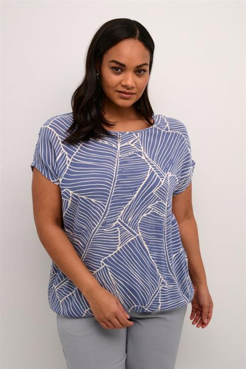 Kaffe Curve Kcami Stanley Printed Kvinde Indigo Blue/turtledove Leaf Kortærmede Bluser Str 48 - hos Magasin