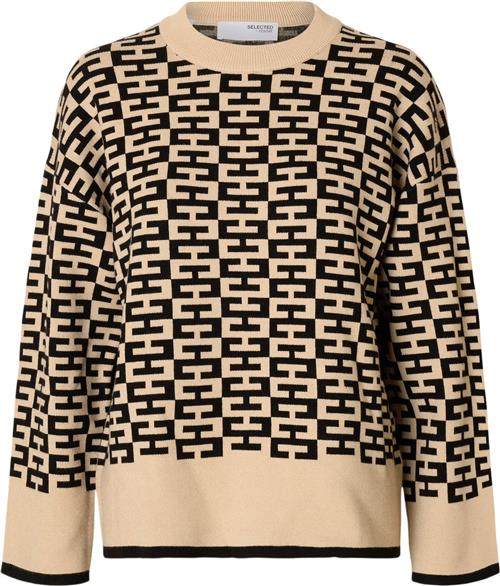 Selected Femme Slfkamma LS Knit Oneck D2 Kvinde Irish Cream/black Sweaters Str S - hos Magasin