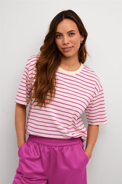 Kaffe Kawinny 1/2 Sleeve Tshirt Kvinde Ant. White/fuchsia Stripe Kortærmede T-shirts Str XS - hos Magasin