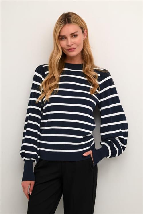 Kaffe Kamala Stripe Knit Pullover Kvinde Midnight Marine / Chalk Stripe Langærmede Bluser Str XS - hos Magasin