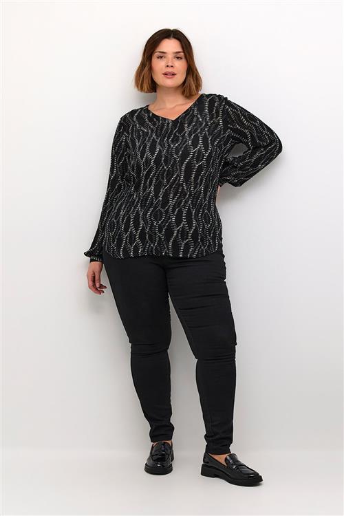 Kaffe Curve Kcami LS Blouse Printed Kvinde Black/grey Graphic Simili Langærmede Bluser Str 46 - hos Magasin