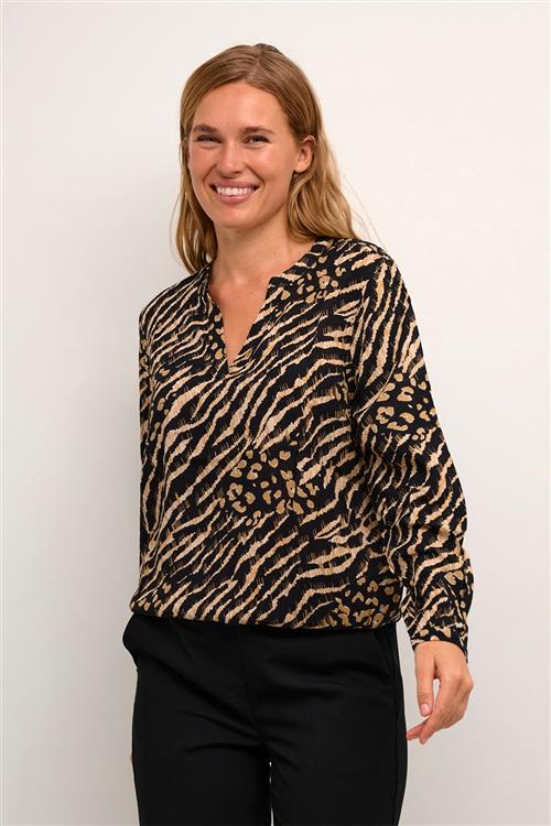 Kaffe Kaditte Blouse Kvinde Black And Brown Animal Print Langærmede Bluser Str 40 - hos Magasin