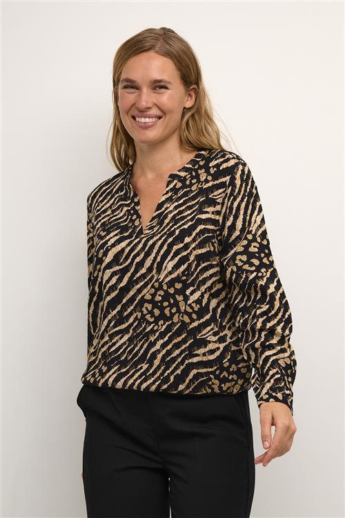 Kaffe Kaditte Blouse Kvinde Black And Brown Animal Print Langærmede Bluser Str 36 - hos Magasin