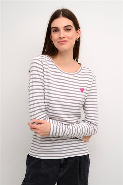 Kaffe Liddy Tshirt Kvinde Chalk/grey-fuchsia Heart Langærmede T-shirts Str S - hos Magasin