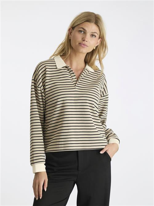 Neo Noir Sara Stripe Polo Blouse Kvinde Sand Langærmede Bluser Str 38 - hos Magasin