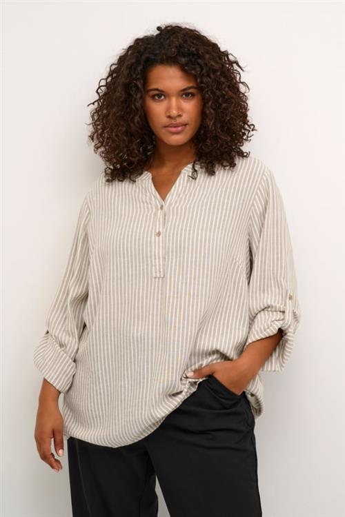 Kaffe Curve Kcmille Blouse Kvinde Chinchilla/chalk Stripe Langærmede Bluser Str 52 - hos Magasin