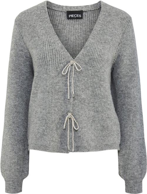 Pieces Pcanna Glitter BOW Vneck Cardigan Kvinde Medium Grey Melange/silver Glitter Cardigans Str L - hos Magasin