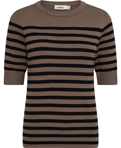 Soaked in Luxury Slpina Striped Tee Kvinde Walnut With Black Stripe Kortærmet Strik Regular Fit Str XS - hos Magasin