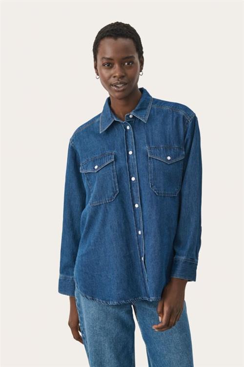 Part Two Collettepw SH Kvinde Medium Blue Denim Langærmede Skjorter Loose Fit Str 42 - hos Magasin