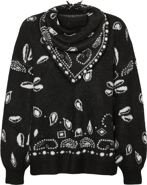 Something New Snanni LS Knit Pullover W. Scarf Kvinde Black/jacquard Sweaters Str XL - hos Magasin