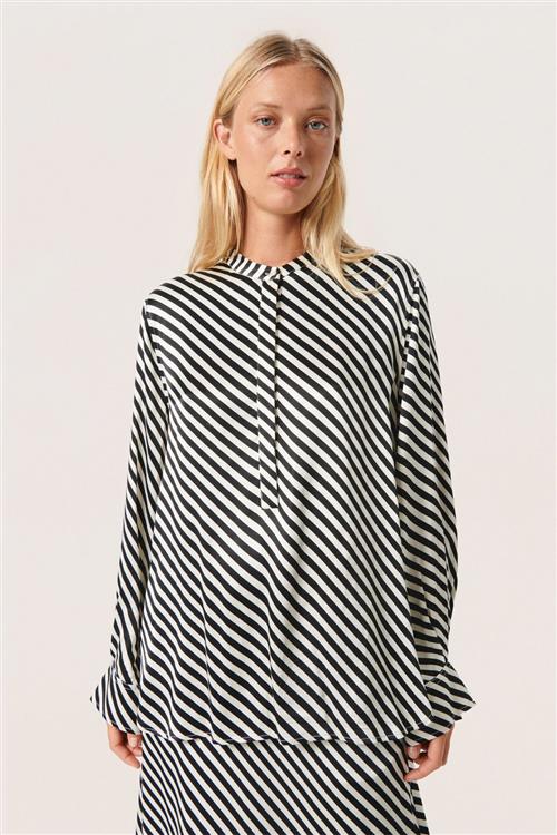 Soaked in Luxury Slsoho Blouse LS Studio Kvinde Black & White Diagonal Stripe Langærmede Bluser Loose Fit Str L - hos Magasin