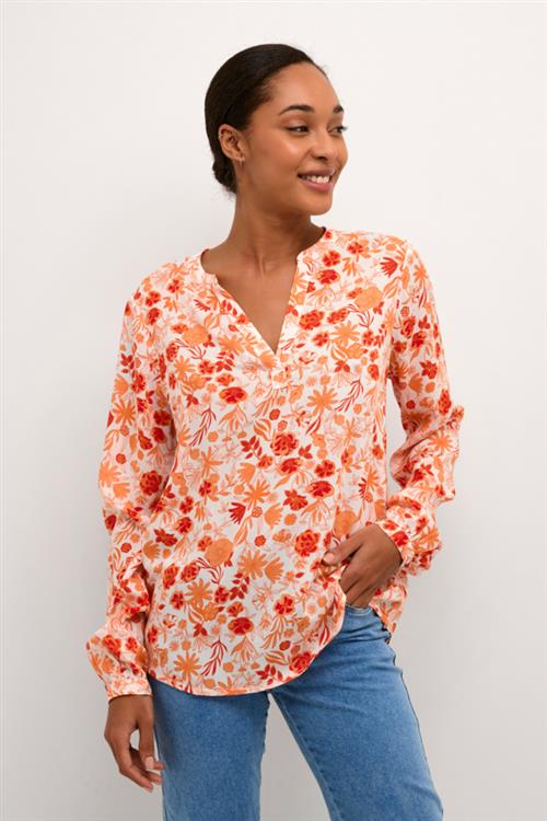 Kaffe Kaida BBB Blouse Kvinde Red And Orange Flower Print Langærmede Bluser Regular Fit Str 42 - hos Magasin