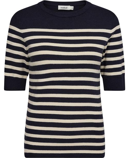 Soaked in Luxury Slpina Striped Tee Kvinde Night Sky With White Stripe Kortærmet Strik Regular Fit Str XL - hos Magasin