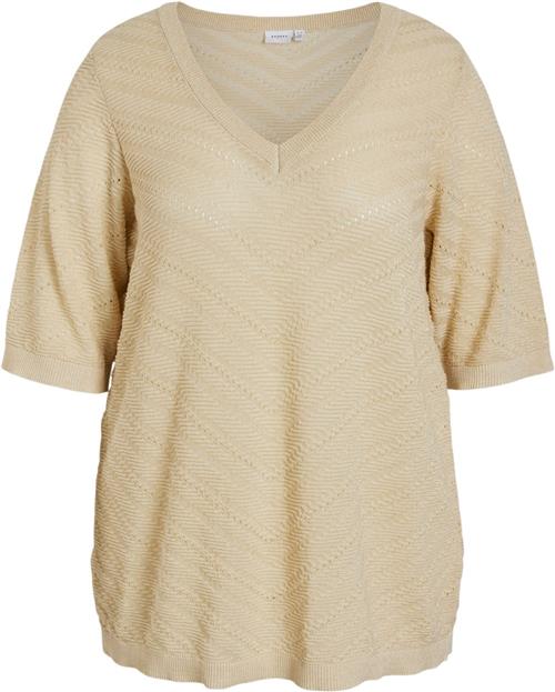 Evoked Vila Viesty Vneck 2/4 Glitter Knit Top/ Kvinde Birch/light Gold Glitter Kortærmede T-shirts Str 48 - hos Magasin