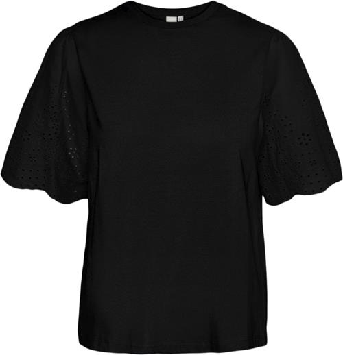 YAS Yaslex SS TOP W. EMB Sleeves S. NOO Kvinde Sort Kortærmede T-shirts Str XS - hos Magasin