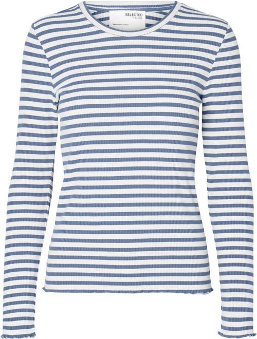 Selected Femme Slfanna LS Crew Neck TEE STR Noos Kvinde Endless Sky/w Snow White Stripes Langærmede T-shirts Regular Fit Str XS - hos Magasin