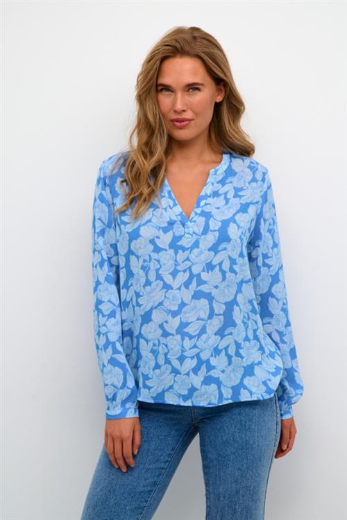 Se Kaffe Kalisa Blouse Kvinde Large Blue Flower Print Langærmede Bluser Str 40 - Viskose hos Magasin ved Magasin