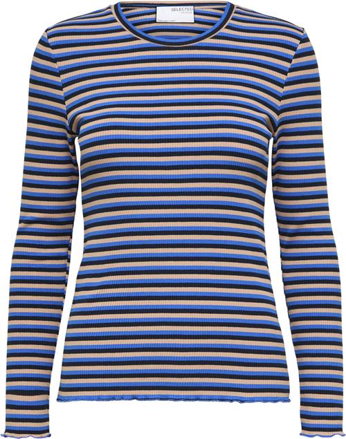 Selected Femme Slfanna LS Crew Neck TEE STR Noos Kvinde Dark Sapphire/multi Langærmede T-shirts Regular Fit Str M - hos Magasin