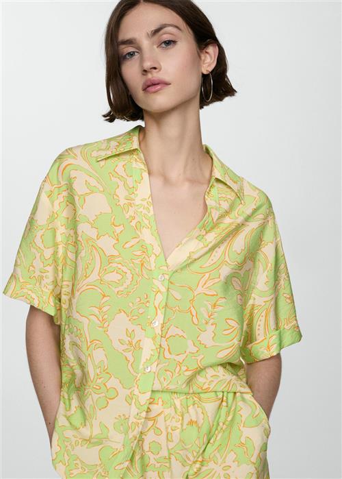 MANGO Printed Shortsleeved Shirt Kvinde Bright Yellow Kortærmede Skjorter Str L - hos Magasin