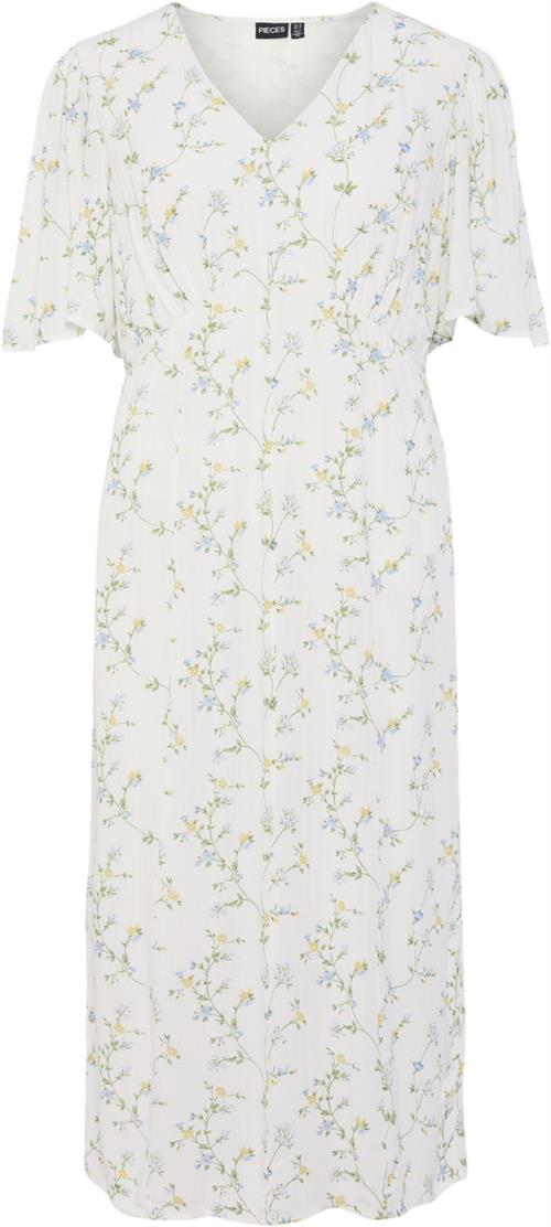 Pieces Pckary SS Vneck Midi Dress BC Kvinde Cloud Dancer/flower Field Midi Kjoler Regular Fit Str XS - Silke hos Magasin