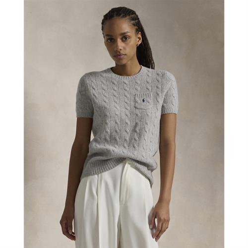 Polo Ralph Lauren Cable Woolcashmere Short-sleeve Sweater Kvinde Soft Grey Melange Kortærmet Strik Str S - Uld hos Magasin