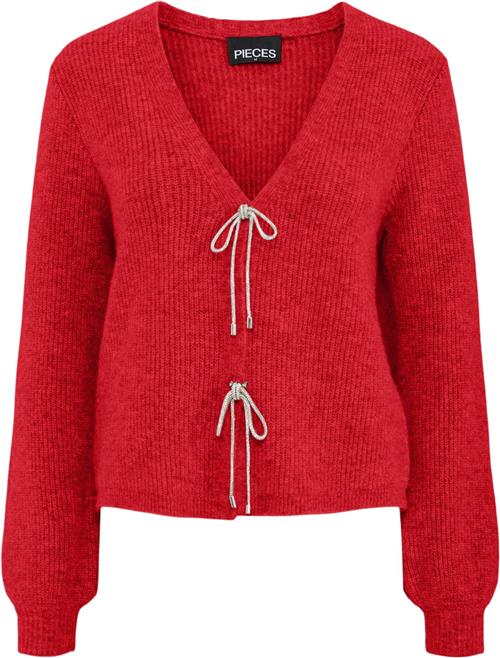 Pieces Pcanna Glitter BOW Vneck Cardigan Kvinde High Risk Red/silver Glitter Bow Cardigans Str L - hos Magasin