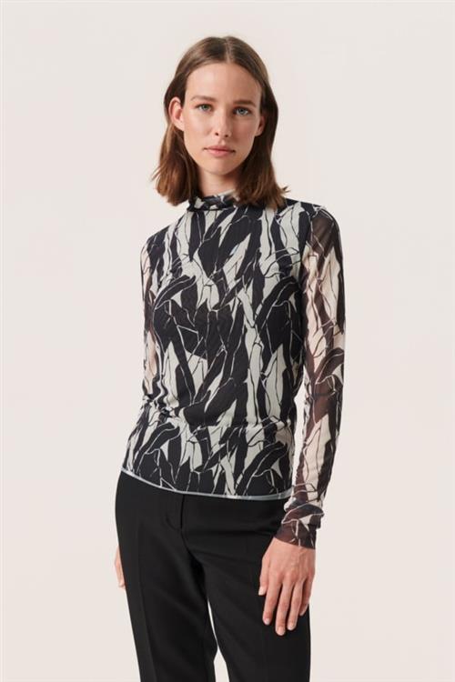 Soaked in Luxury Slaldora Mockneck LS Kvinde Black & White Rock Print Langærmede T-shirts Regular Fit Str S - hos Magasin