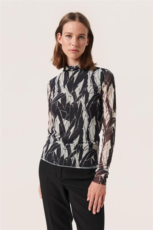 Soaked in Luxury Slaldora Mockneck LS Kvinde Black & White Rock Print Langærmede T-shirts Regular Fit Str M - hos Magasin