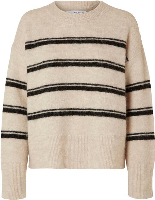 Selected Femme Slfalva LS Stripe Oneck Knit EX Kvinde Birch/black Sweaters Str L - hos Magasin