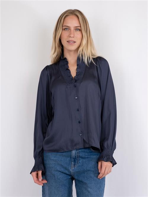 Neo Noir Brielle Satin Blouse Kvinde Midnight Blue Langærmede Bluser Str 34 - hos Magasin