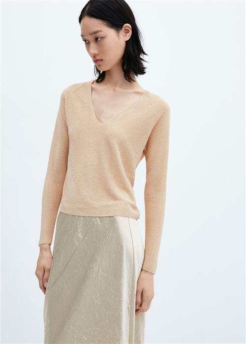 MANGO Vneck Lurex Sweater Kvinde Gold Sweaters Str L - hos Magasin