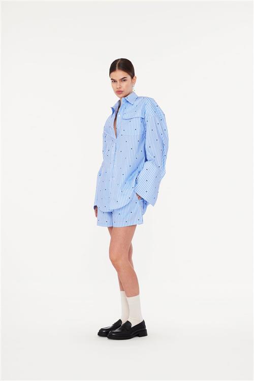 ROTATE Birger Christensen Oversized Shirt Kvinde Blue Logo Stripe + Serenity Comb. Langærmede Skjorter Str 42 - hos Magasin