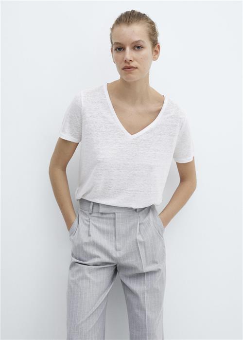 MANGO Vneck Linen T-shirt Kvinde White Kortærmede T-shirts Str S - hos Magasin