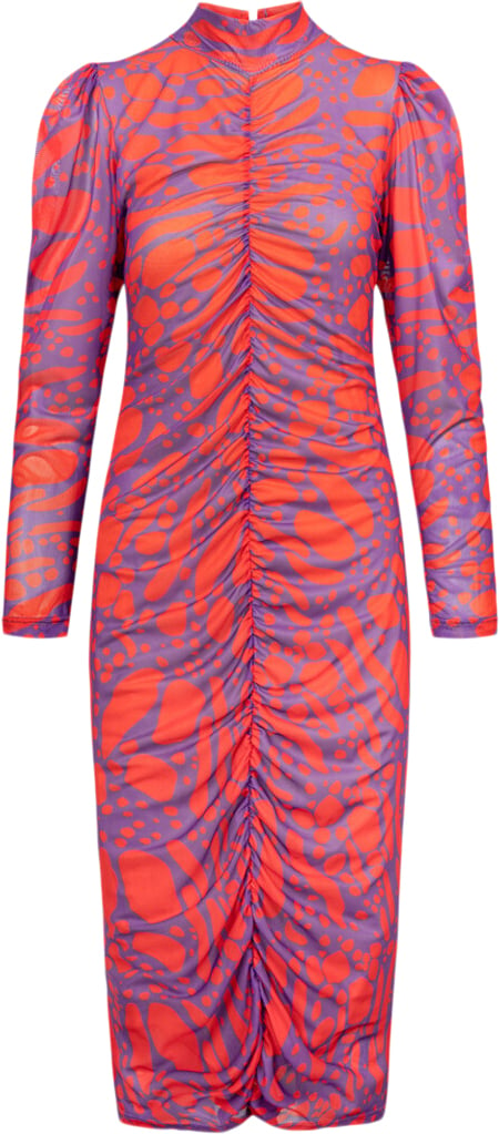 HUNKØN Mallory Wrinkle Dress Kvinde Red Lava Art Print Midi Kjoler Str XS - hos Magasin