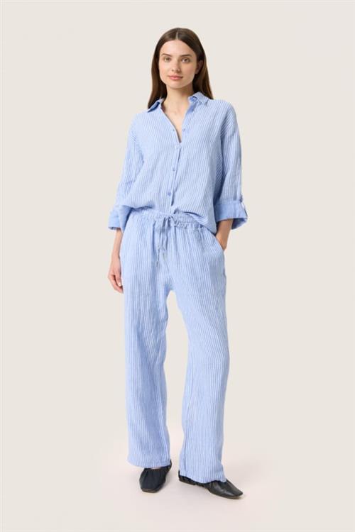 Soaked in Luxury Slauran Pants 100 Linen Kvinde Blue Yonder Stripe Bukser Med Lige Ben Relaxed Fit Str M/L - hos Magasin