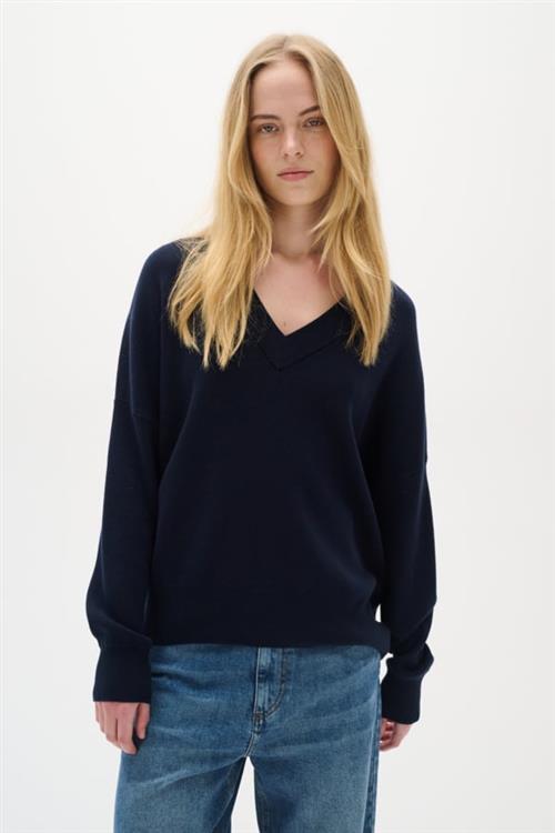 Se InWear Fosteriw Vneck Kvinde Marine Blue Sweaters Relaxed Fit Str XL - hos Magasin ved Magasin