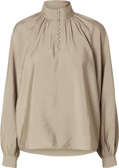 Selected Femme Slfloganaura LS High Neck TOP AT Kvinde Greige Langærmede Bluser Str 42 - hos Magasin