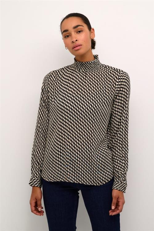 Kaffe Kaamber Smock Blouse Printed Kvinde Black_White Wavy Print Langærmede Bluser Str 44 - hos Magasin