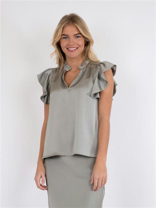 Neo Noir Stella Heavy Sateen Blouse Kvinde Smoke Green Kortærmede Bluser Str 42 - hos Magasin